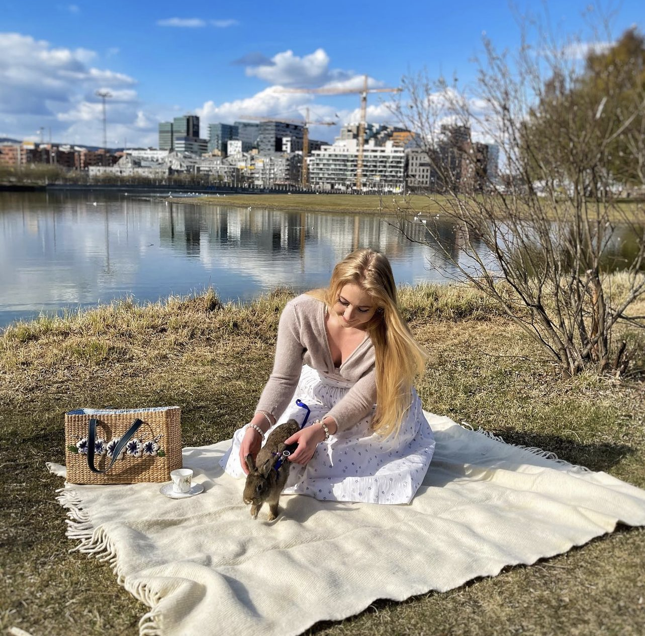 Alice in wonderland photoshoot with a bunny running in a hurry
