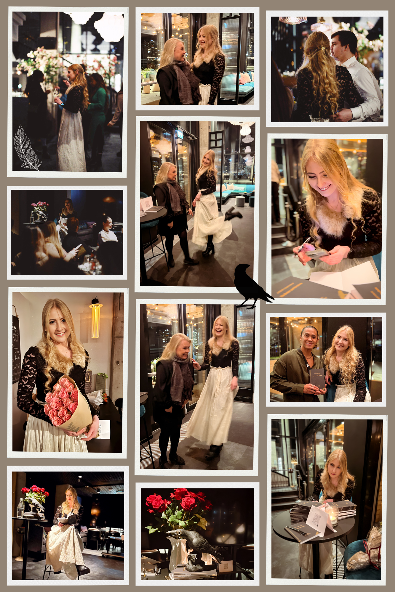 book launch photo collage. Birds, books, food, smiling people, food, flowers, raven.