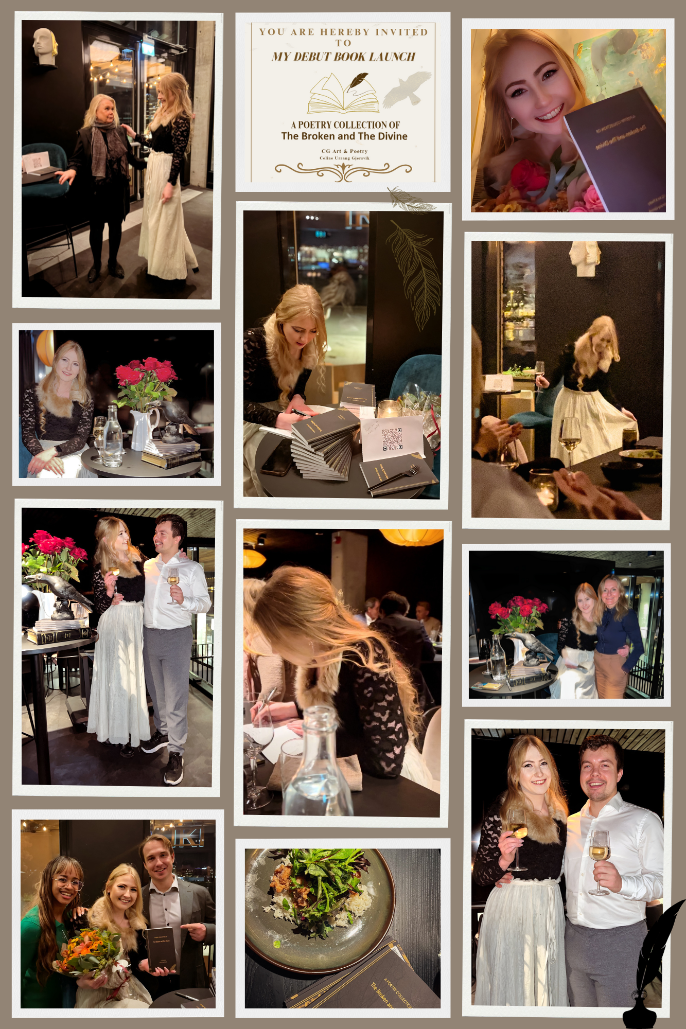 book launch photo collage. Birds, books, food, smiling people, food.